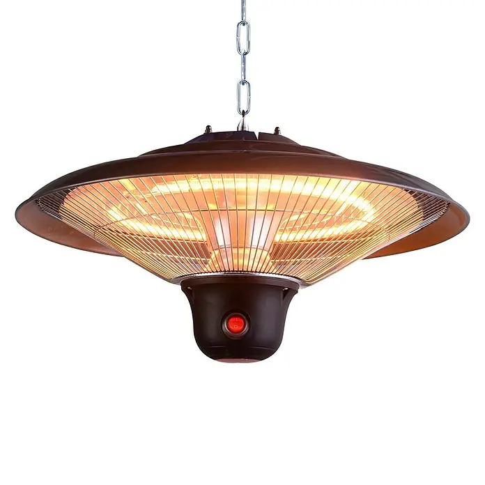 Voltomat HEATING Halogen-Heizstrahler - 1.500 W, Schwarz - Nahaufnahme einer braunen, hängenden Terrassenheizung mit eingeschalteten Heizstäben, die warmes Licht ausstrahlen.