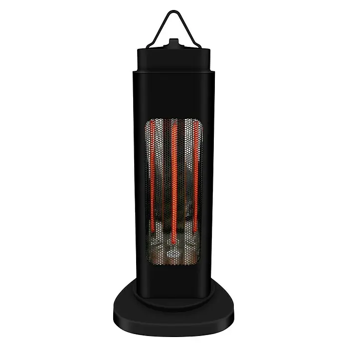 Voltomat HEATING Infrarot-Heizstrahler - 25 x 25 x 57,5 cm, 600 W, Schwarz - Ein tragbarer, röhrenförmiger Heizlüfter in Schwarz mit einem Gitter, das orangefarbene Heizelemente freilegt, für den persönlichen Gebrauch.