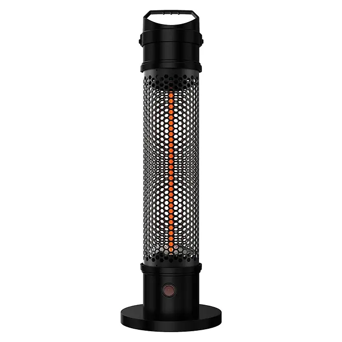 Voltomat HEATING Infrarot-Heizstrahler - 21 x 21 x 62 cm, 1.000 W, Schwarz - Schwarzer, zylindrischer Heizstrahler mit sechseckigem Gitter und zentraler, leuchtend orangefarbener Heizröhre für angenehme Wärme.
