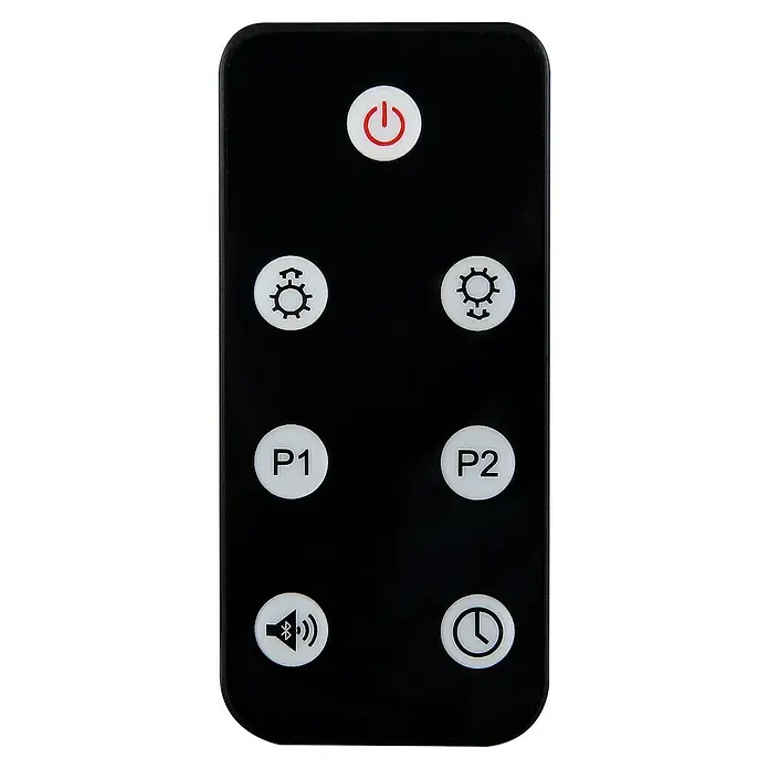 Voltomat Infrarot-Heizstrahler mit Bluetooth-Lautsprecher - 12,1 x 63,1 x 9,3 cm, 1.500 W, Silber - Nahaufnahme einer schwarzen Fernbedienung mit mehreren weißen Knöpfen und einem roten Ein-/Ausschalter.