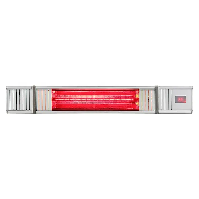 Voltomat Infrarot-Heizstrahler mit Bluetooth-Lautsprecher - 12,1 x 63,1 x 9,3 cm, 1.500 W, Silber - Das Bild zeigt einen Infrarotstrahler in Silber mit rotem Heizelement und digitaler Anzeige. Er ist für angenehme Wärme im Innenbereich konzipiert.