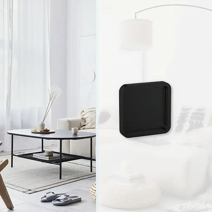Diamond Doors Griffmuschel Flex Quattro - Schwarz, 58 x 58 mm - Ein stilvolles Wohnzimmer mit einem eleganten Couchtisch, ergänzt durch ein modernes Wandregal für zusätzlichen Stauraum und dekorative Akzente.