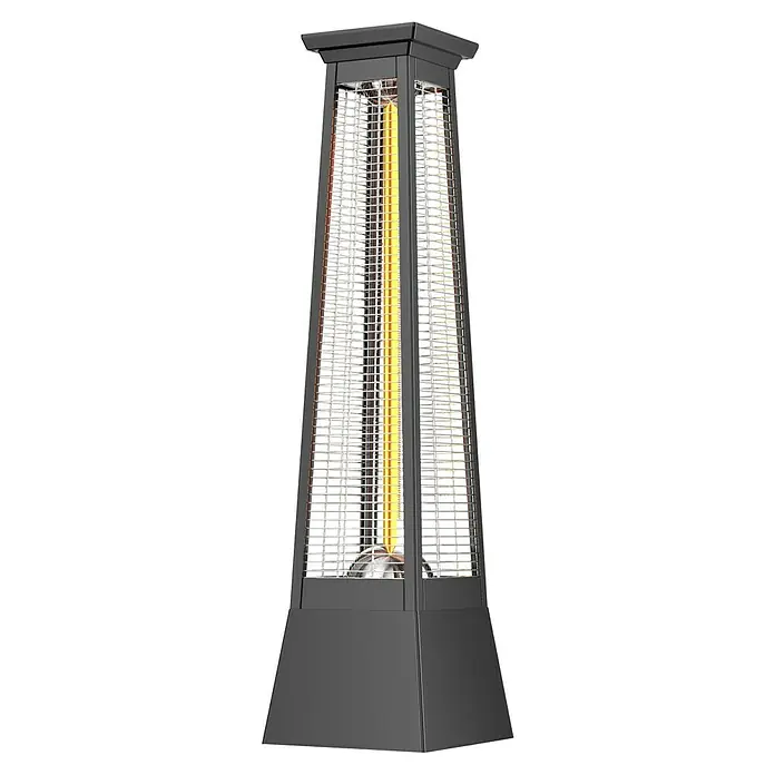 Voltomat HEATING Terrassenstrahler Prisma - IP44, Außen, Schwarz, 1.500 W - Bild eines Turm-Terrassenheizers mit einem schlanken, pyramidenförmigen Design und einem warmen, gelben Heizelement für den Außenbereich.