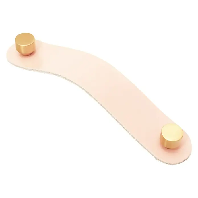 Möbelgriff - 2 Stk., Typ Möbelgriff: Bügel, Leder, Rosa, Länge: 170 mm - Nahaufnahme eines Ledergriffs mit goldenen Knöpfen. Ideal für Möbel, Schubladen oder Schränke.