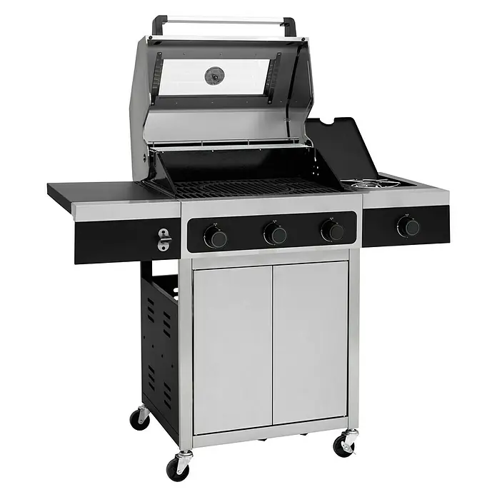 Tepro Gasgrill Keansburg Special Edition - Grillfläche (B x T): 61 x 43 cm, 10,6 kW, Anzahl Brenner: 3 - Bild eines Gasgrills aus Edelstahl mit geöffnetem Deckel und Bedienknöpfen. Perfekt für Grillabende im Freien.