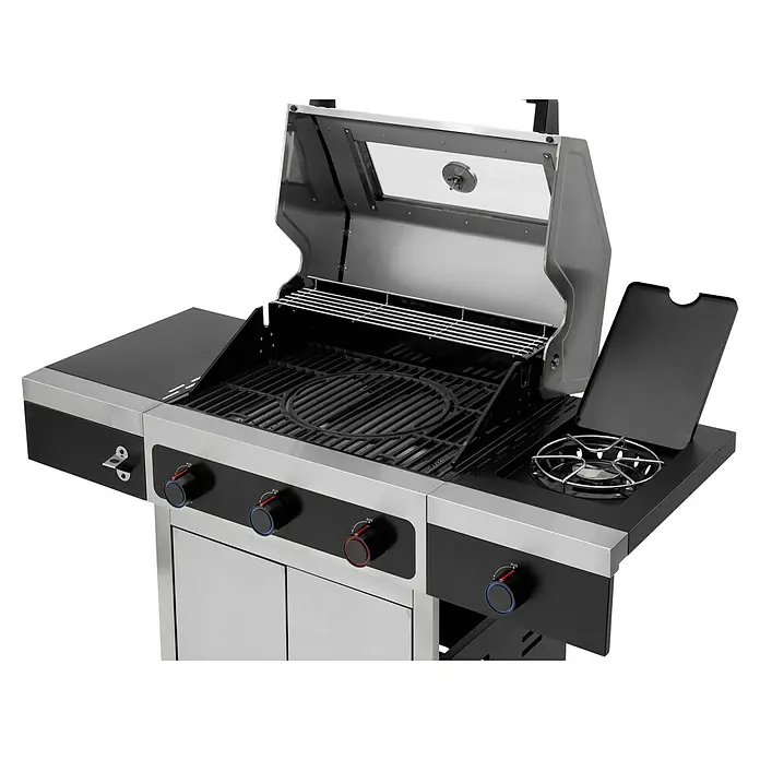 Tepro Gasgrill Keansburg Special Edition - Grillfläche (B x T): 61 x 43 cm, 10,6 kW, Anzahl Brenner: 3 - Bild eines modernen Gasgrills mit Edelstahlgehäuse, schwarzer Arbeitsfläche und offenem Deckel. Er verfügt über Drehregler und Seitenbrenner.