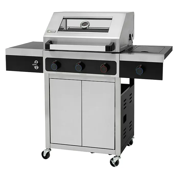 Tepro Gasgrill Keansburg Special Edition - Grillfläche (B x T): 61 x 43 cm, 10,6 kW, Anzahl Brenner: 3 - Bild eines Topro Gasgrills mit Edelstahlgehäuse, schwarzen Akzenten und Bedienknöpfen. Ideal für Grillabende im Freien.