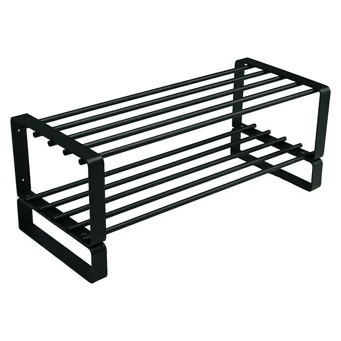 Spinder Design Schuhregal Rex SR - B x H: 70 x 29 cm, Geeignet für: 6 Paar Schuhe - Schwarzes Metall Schuhregal mit zwei Ablagen für Schuhe, das eine praktische und stilvolle Aufbewahrungslösung bietet.