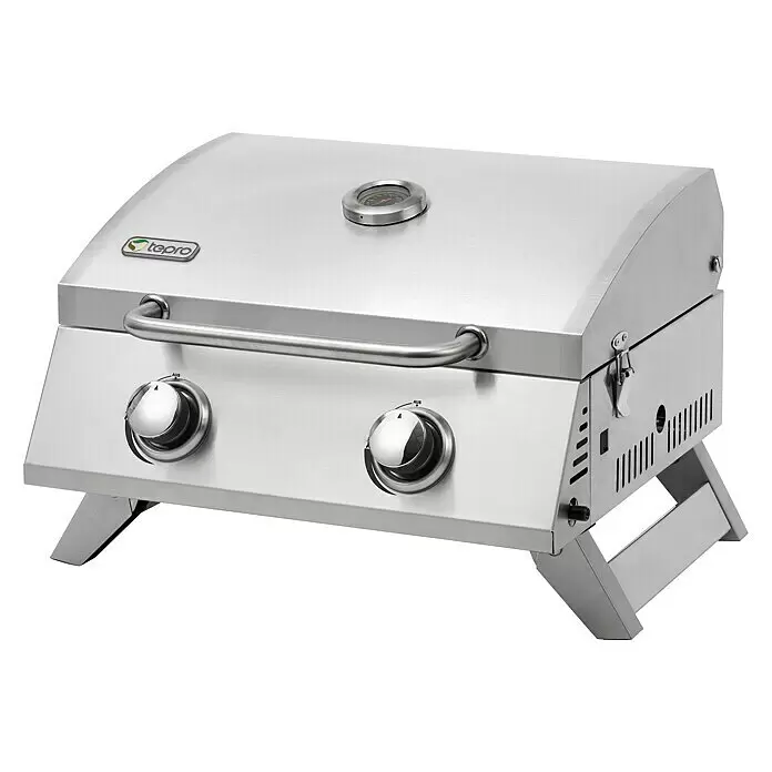Tepro Gasgrill Chicago - Grillfläche (B x T): 47 x 36 cm, 6 kW, Anzahl Brenner: 2 - Silberfarbener Edelstahl-Tischgasgrill mit zwei Brennern, Temperaturanzeige und Klappfüßen.