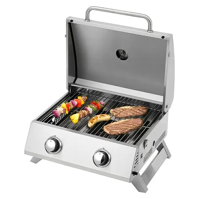 Tepro Gasgrill Chicago - Grillfläche (B x T): 47 x 36 cm, 6 kW, Anzahl Brenner: 2 - Edelstahl-Zweiflammen-Gasgrill mit Speisen auf dem Rost.
