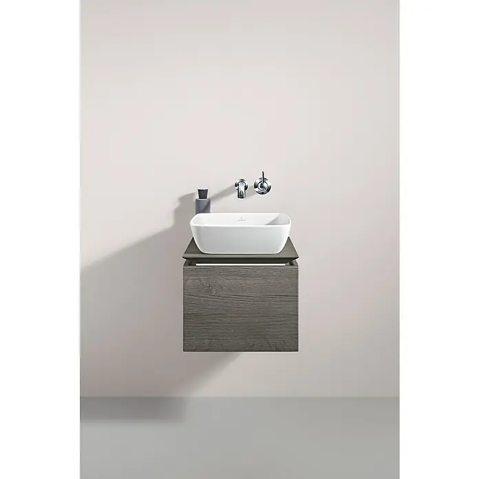 Villeroy & Boch Artis Aufsatzwaschbecken - 41 x 41 cm, Ohne Spezialglasur, Hahnloch: Ohne, Ohne Überlauf, Weiß - Elegantes Waschbecken von Villeroy & Boch mit Unterschrank in Holzoptik und Armatur. Zeitloses Design für ein stilvolles Badezimmer.