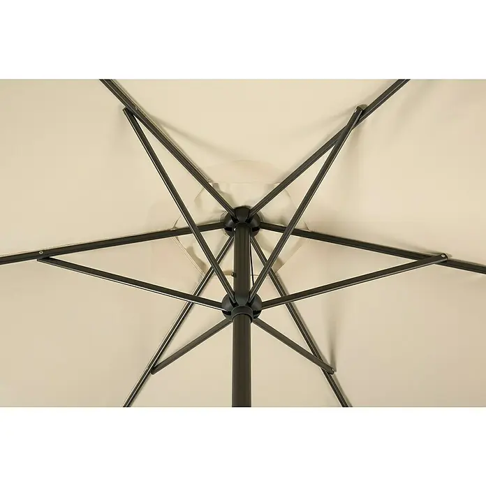 Schneider Sunny Marktschirm rund Bergamo - Natur, Durchmesser Bespannung: 300 cm - Detailansicht der Unterseite eines beigefarbenen Sonnenschirms mit schwarzem Gestell. Die Konstruktion zeigt ein robustes und stabiles Design.