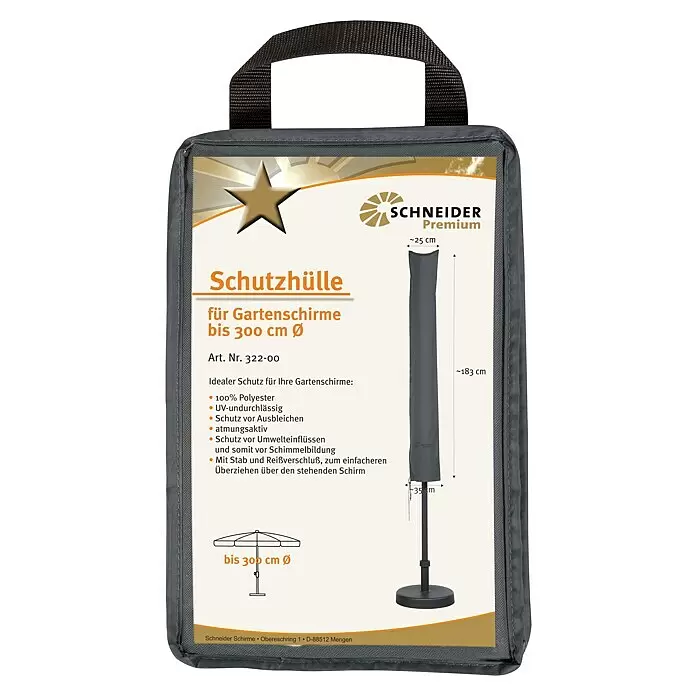 Schneider Schirm-Schutzhülle - Kunststoff, Passend für: Sonnenschirme bis 300 cm Ø - Graue Schutzhülle für Gartenschirme bis 300 cm Durchmesser, mit Reißverschluss und Stange zur einfachen Anbringung.