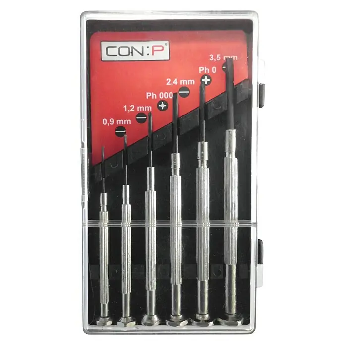 Connex Set de destornilladores precisión - 6 pzs., Acero - Un juego de destornilladores de precisión en varios tamaños, perfectamente embalado en un recipiente de plástico transparente.