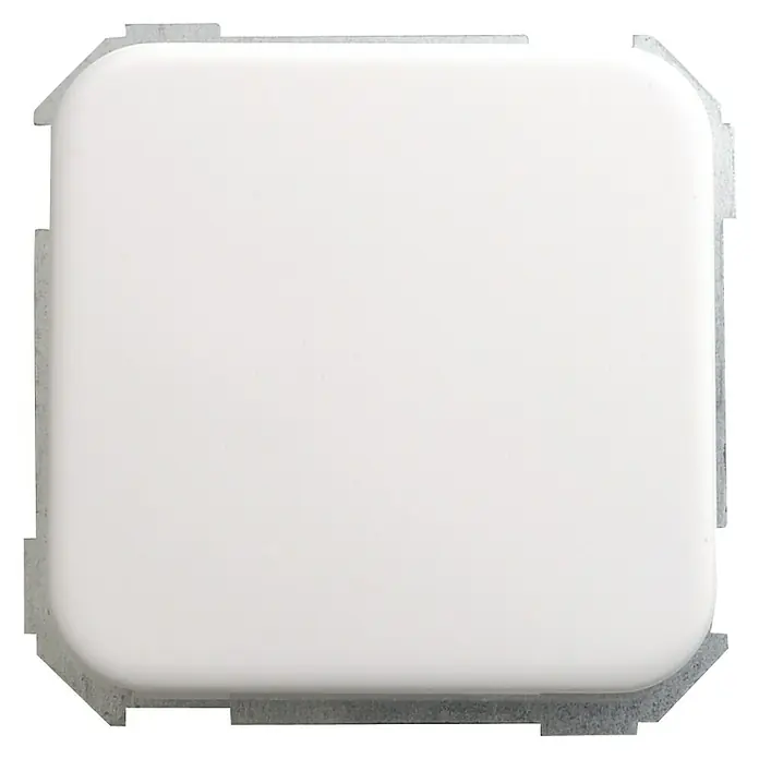 Simon 31 Conmutador - Blanco, Colocar - Primer plano de un panel de luz cuadrado blanco con esquinas redondeadas y un marco metálico gris.