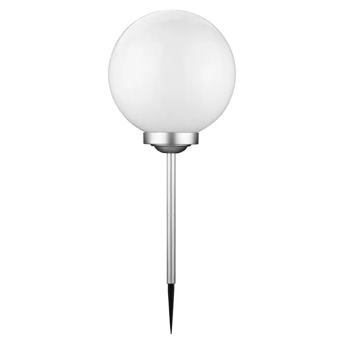 BAUHAUS Solar-Kugelleuchte Fara - Durchmesser: 30 cm, Höhe: 73 cm, LED - Nahaufnahme einer runden, weißen Gartenleuchte mit einem silbernen Ständer auf einem schwarzen Hintergrund.