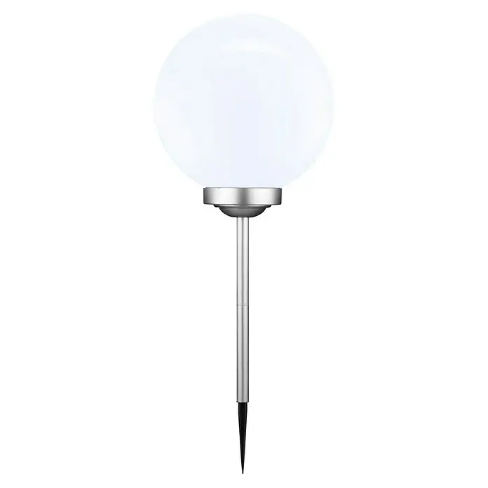 BAUHAUS Solar-Kugelleuchte Fara - Durchmesser: 30 cm, Höhe: 73 cm, LED - Eine Gartenkugel-Leuchte aus Stahl mit einem weißen Lampenschirm in Kugelform und einem Erdspieß für den Außenbereich.