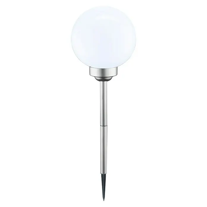 BAUHAUS Solar-Dekoleuchte Fara - Durchmesser: 20 cm, Höhe: 52,3 cm, LED - Abbildung einer modernen Solarleuchte mit einem kugelförmigen Lampenschirm und einem schlanken, silberfarbenen Stiel für den Garten.