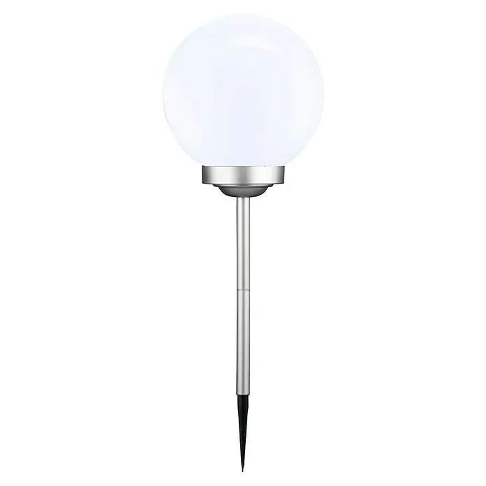 BAUHAUS Solar-Dekoleuchte Fara - Durchmesser: 25 cm, Höhe: 67,7 cm, LED - Nahaufnahme einer solarbetriebenen kugelförmigen Gartenleuchte aus rostfreiem Stahl mit einem Erdspieß.