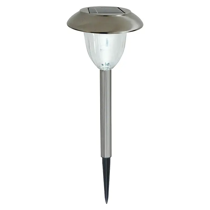 Starlux Estaca solar Fiore - Plateado, Negro, 3 lm - Primer plano de una lámpara solar de jardín plateada con cuerpo de lámpara transparente y estaca de tierra negra sobre un fondo negro.