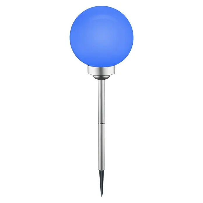 BAUHAUS Solar-Dekoleuchte Ball - Höhe: 525 mm, IP44 - Nahaufnahme einer dekorativen blauen Solarleuchte mit Erdspieß, ideal für Garten und Außenbereich. Die Leuchte ist aus hochwertigem Metall gefertigt.