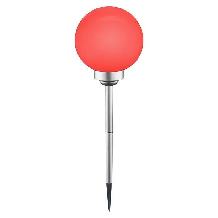 BAUHAUS Solar-Dekoleuchte Ball - Höhe: 525 mm, IP44 - Bild einer roten Kugelgartenleuchte mit einem schlanken, silberfarbenen Pfahl, der auf einem schwarzen Hintergrund steht. Die Leuchte ist perfekt für den Außenbereich.