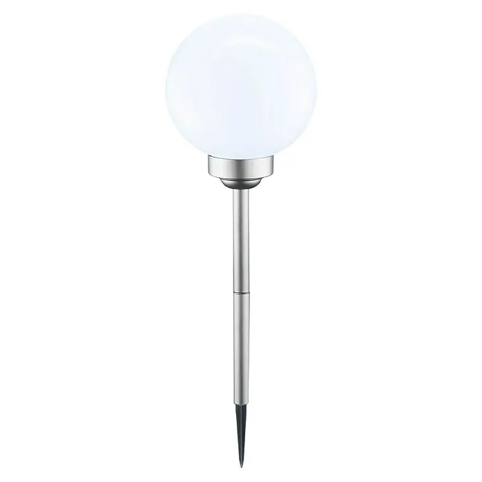 BAUHAUS Solar-Dekoleuchte Ball - Höhe: 525 mm, IP44 - Ein Solarleuchte mit kugelförmigem, milchig-weißem Lampenschirm auf einem schlanken, silberfarbenen Stab mit Erdspieß.