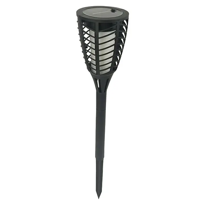 BAUHAUS Solar-Erdspieß Fackel Flame - Schwarz - Eine solarbetriebene Gartenfackel mit einem schwarzen, gerasterten Gehäuse und einem Erdspieß für den Außenbereich.