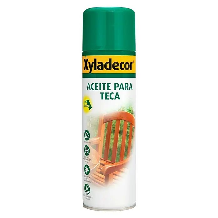 Xyladecor Aceite para teca en espray - Incoloro, 500 ml - Bote de aceite Xyladecor para madera de teca. El aerosol es ideal para cuidar y proteger muebles de madera de teca en exterior.