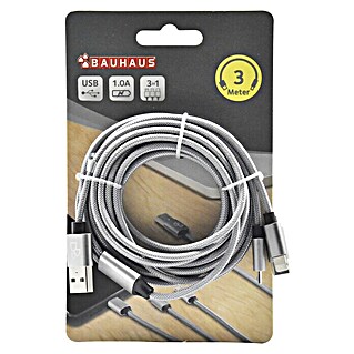 BAUHAUS USB-Ladekabel (Silber, 3 m, USB A-Stecker, USB C-Stecker, USB Micro-Stecker, Lightning-Stecker)