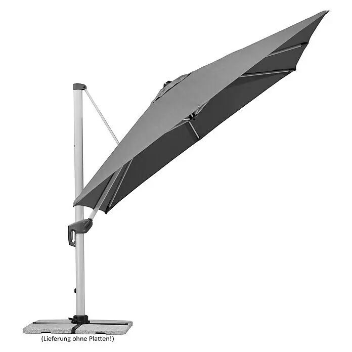 Schneider Premium Ampelschirm Monaco - Granitgrau, Bespannungsmaß (L x B): 300 x 300 cm - Schräggestellter grauer Ampelschirm mit hellgrauem Mast und Kreuzfuß.