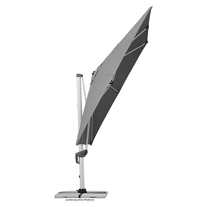 Schneider Premium Ampelschirm Monaco - Granitgrau, Bespannungsmaß (L x B): 300 x 300 cm - Teilweise geöffneter grauer Ampelschirm mit hellem Mast und Standfuß. Platten zur Beschwerung nicht enthalten.