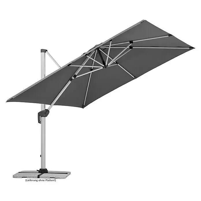 Schneider Premium Ampelschirm Monaco - Granitgrau, Bespannungsmaß (L x B): 300 x 300 cm - Grauer Ampelschirm mit silbernem Gestell und Plattenfuß (Platten nicht enthalten).