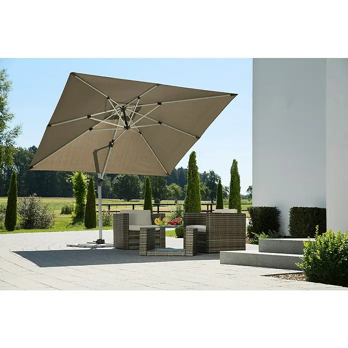 Schneider Premium Ampelschirm Monaco - Granitgrau, Bespannungsmaß (L x B): 300 x 300 cm - Moderner quadratischer Sonnenschirm spendet Schatten über einer stilvollen Loungegruppe im Freien und bietet Schutz vor der Sonne.