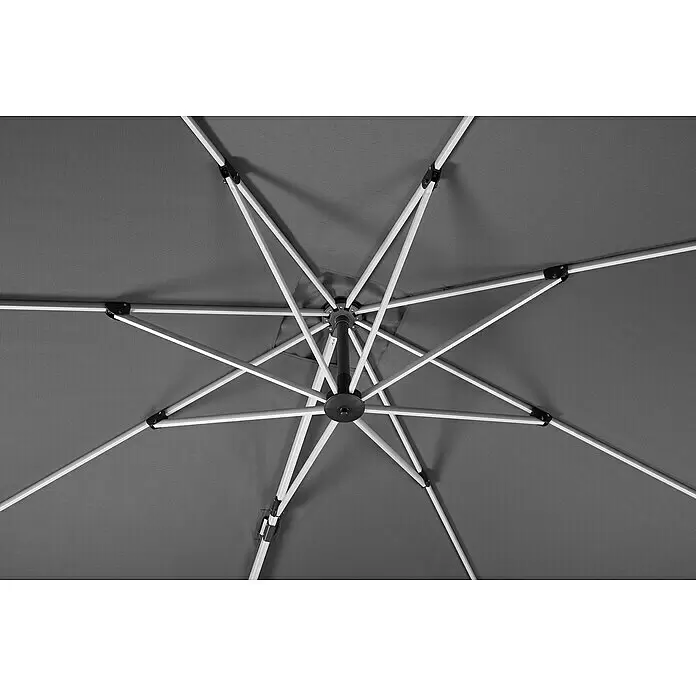 Schneider Premium Ampelschirm Monaco - Granitgrau, Bespannungsmaß (L x B): 300 x 300 cm - Unterseite eines grauen Sonnenschirms mit weißem Gestell und zentraler Nabe.