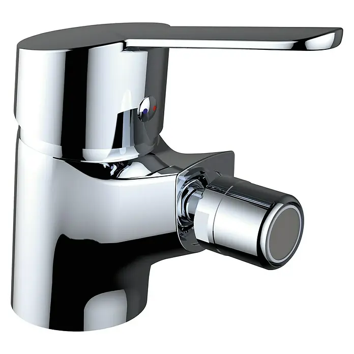 Clever Eno Grifo monomando de bidé - Cromo, Resplandeciente - Primer plano de un grifo moderno y brillante con un pomo lateral para el control del flujo de agua.