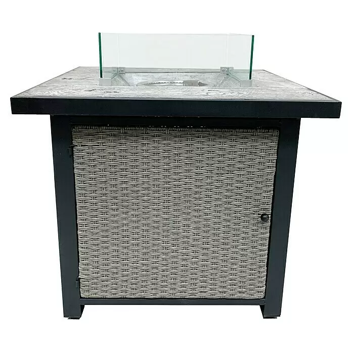 Tepro Feuerstelle Medfield - 65,5 x 65,5 x 76,5 cm, Metall, Grau/Schwarz - Grauer Rattan-Feuerstelltisch für den Außenbereich mit heller Platte und Glasschutz.