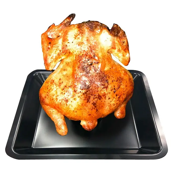 Tepro Hähnchen-Bräter - Metall, L x B x H: 26,8 x 26,8 x 13,5 cm - Knusprig gebratener Brathähnchen auf einem schwarzen Backblech, perfekt zubereitet für ein köstliches Mahl.