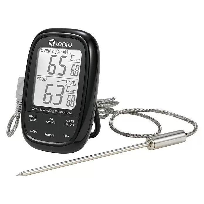 Tepro Grill-Thermometer Dual Sensor - Digital - Schwarzes digitales Ofen- und Bratenthermometer mit Edelstahlsonde und geflochtenem Metallkabel.