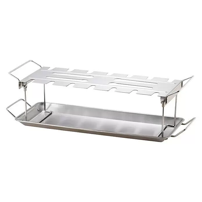 Tepro Hähnchenkeulen-Halterung - Edelstahl, L x B x H: 44,2 x 15,8 x 12,8 cm - Grillrost aus Edelstahl mit Bodenschale und oberer Ebene mit Schlitzen für Spieße oder Rippchen.