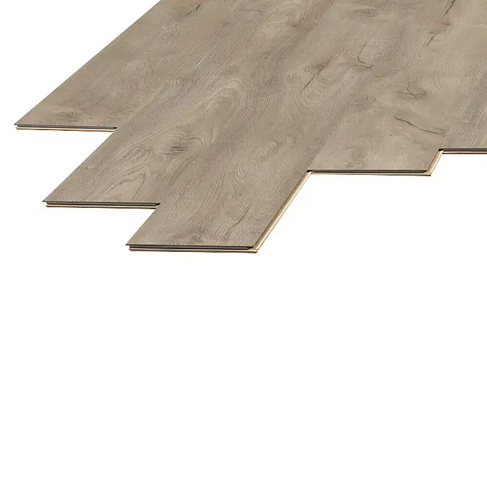 LOGOCLIC Laminado Roble Dresden - 1.380 x 193 x 10 mm, Roble, AC5 - La imagen muestra un panel de suelo laminado con aspecto de madera clara. Los paneles están elaborados con precisión y muestran una clara veta de la madera.