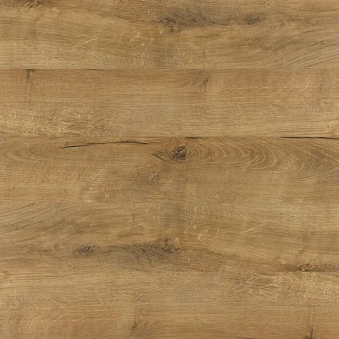 LOGOCLIC Laminado Roble Wild - 1.380 x 193 x 10 mm, Roble Wild, AC5 - Primer plano de una mesa de madera de roble claro, donde se destacan las vetas y los nudos naturales de la madera.