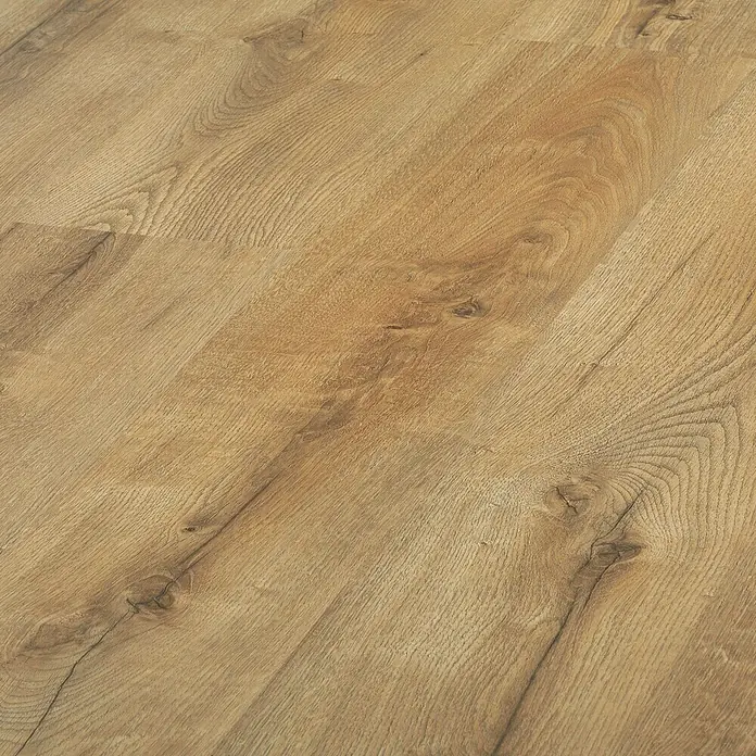 LOGOCLIC Laminado Roble Vulcan - 1.380 x 193 x 8 mm, Roble Vulcan, AC4 - Primer plano de un suelo laminado de color claro, que muestra la veta natural de la madera y los nudos para un aspecto auténtico.
