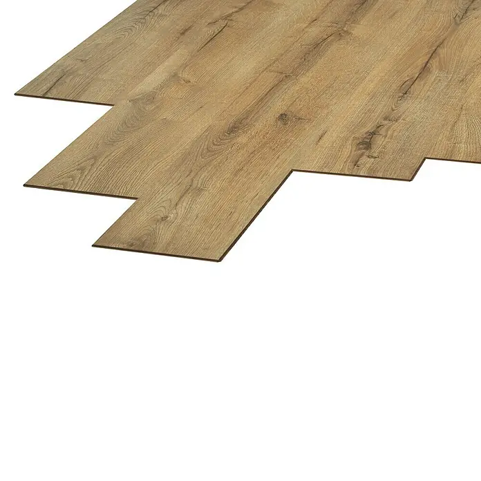 LOGOCLIC Laminado Roble Vulcan - 1.380 x 193 x 8 mm, Roble Vulcan, AC4 - Primer plano de paneles de suelo laminado en tonos cálidos de madera, prometiendo un interior elegante y duradero.