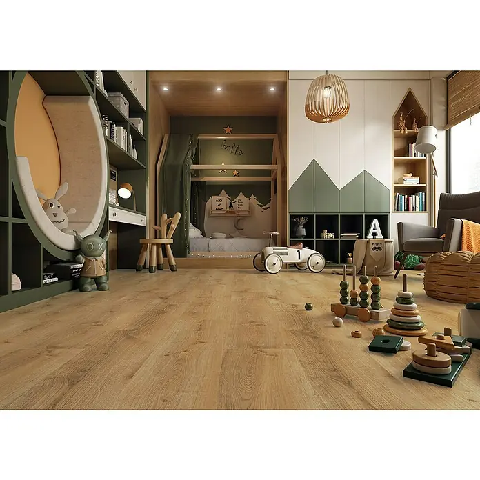 LOGOCLIC Laminado Roble Vulcan - 1.380 x 193 x 8 mm, Roble Vulcan, AC4 - Acogedora habitación infantil con suelo de madera marrón claro, que aporta calidez y un toque de naturaleza al espacio. Ideal para niños.