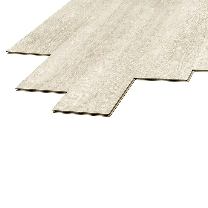 LOGOCLIC Laminado Roble Palatina - 1.380 x 193 x 8 mm, AC4 - Esta imagen muestra tablones de suelo laminado con efecto de madera clara, diseñados para una fácil instalación con clic, dando una apariencia moderna y elegante.