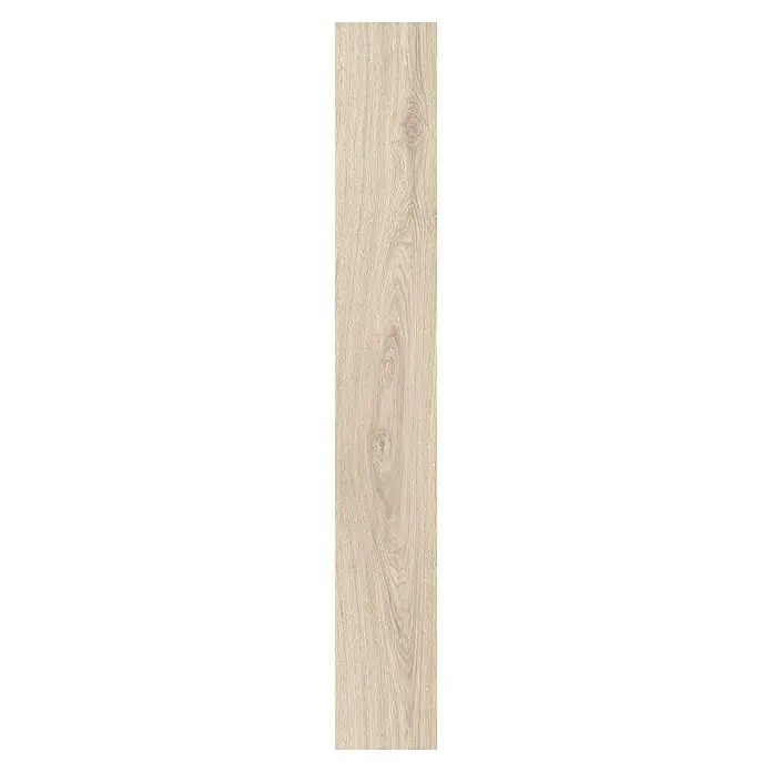 LOGOCLIC Laminado Roble Alcázar - 1.380 x 193 x 10 mm, Roble, AC5 - Primer plano de una tabla de madera clara con una veta distintiva, ideal para suelos y revestimientos de pared modernos.