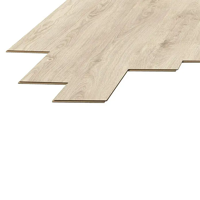 LOGOCLIC Laminado Roble Alcázar - 1.380 x 193 x 10 mm, Roble, AC5 - Primer plano de paneles de suelo laminado claro, destacando la veta de la madera y el sistema de encaje.\n