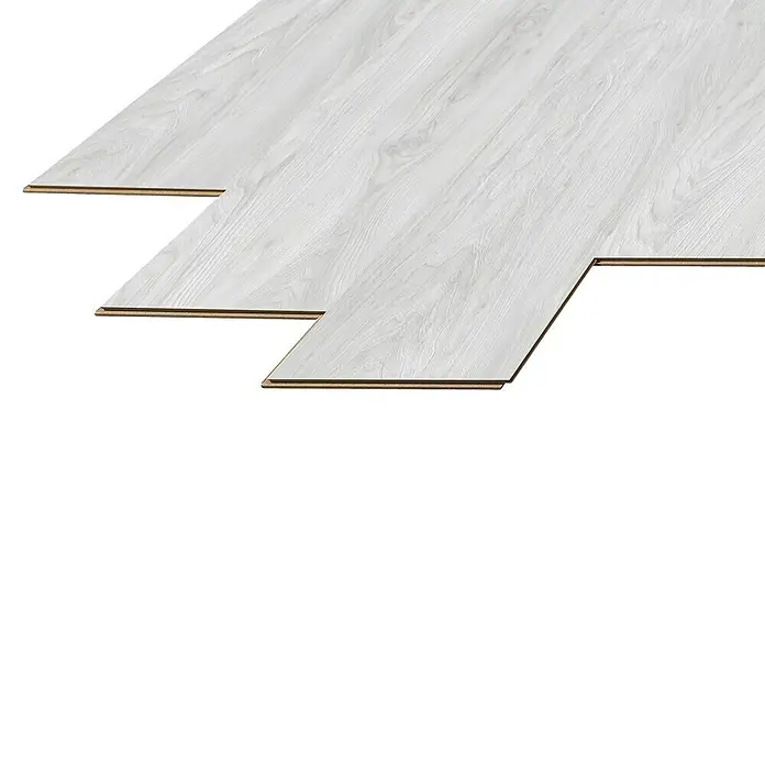 LOGOCLIC Laminado Olmo Orsa - 1.380 x 193 x 10 mm, AC5 - Primer plano de dos lamas de suelo laminado claro con detalle de vetas de madera, que muestran los mecanismos de interbloqueo. Ideal hogar.