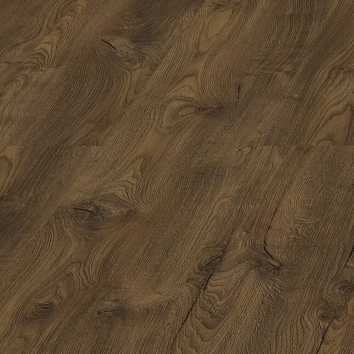 LOGOCLIC Laminado Roble Florencia - 1.380 x 193 x 10 mm, Roble, AC5 - Vista detallada de suelo laminado rústico en tonos marrones cálidos, con grano de madera pronunciado y nudos para un aspecto natural.